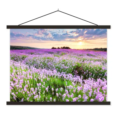 Produktbild von MuchoWow® Textilposter Blumen - Lavendel - Lila - Himmel - Sonnenuntergang - Wiese - Natur 150x113 cm mit schwarzem Rahmen - Wohnzimmer