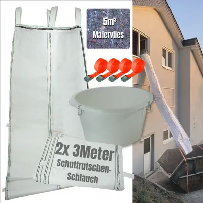 Produktbild von Žlab na suť 6 m | Flexibilní hadice 2x 3 m, snadná instalace | Žlab na suť včetně násypky, 4× napínací pás 5 m³ malířského rouna