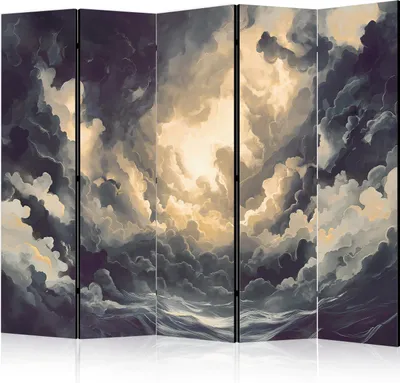 Produktbild von 5-teiliger Doppelseitiger Vlies Paravent - Epic Light Play: The Sun Battling for Dominance Over the Clouds 225x172 cm b-H-10054-z-b
