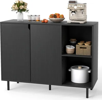 Zdjęcie produktu dla COSTWAY Kredens drewniany, komoda z 4 szufladami i 2 drzwiami, szafka kuchenna, szafka bufetowa, szafka kuchenna, półki, nowoczesna szafka, 106 x 38 x 80 cm, czarna