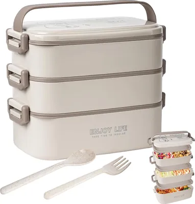 Produktbild von 3-lagige 2700 ml Bento-Box mit Gabel und Löffel - Lunchbox für Erwachsene - Mahlzeitenvorbereitungsbehälter - spülmaschinenfest - kaki