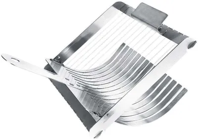 A stainless steel egg slicer is shown against a white background.
