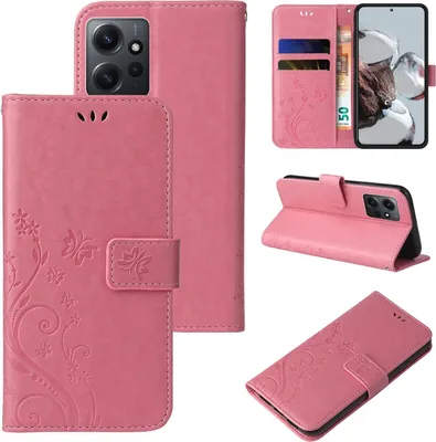 Produktbild von Handyhülle für Xiaomi Redmi Note 12 Floral Blumen Schmetterling Flip Cover Hülle Case Klapphülle Handytasche Farbe: Rosegold