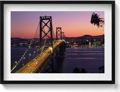 Produktbild von San Francisco Bridge und Sonnenuntergang– Wandbild mit Rahmen – Gerahmtes Bild  – Wanddekoration – 70x50 cm –  Schwarz Rahmen