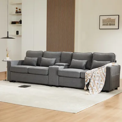 Produktbild von Sofa Couch Wohnzimmersofa Modernes 4-Sitzer-Sofa aus Leinenstoff, Dunkelgrau