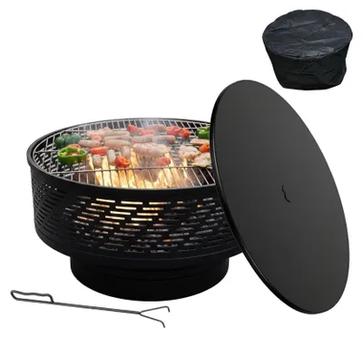 Obrázok produktu pre Miska na oheň s pokrievkou a grilom - čierna, nehrdzavejúca oceľ