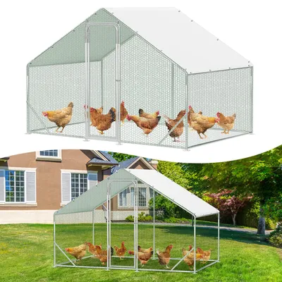 Image de Voliaire pour poules Ikodm, dimensions 3 x 2 x 2 mètres, surface de 6 m², toit en pente, tubes galvanisés de 25 mm, grillage en PVC vert et bâche de protection en PE blanc avec protection UV