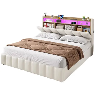 Produktbild von AODEMOKO Polsterbett mit LED Beleuchtung, Doppelbett mit Ladefunktion und Hydraulischem Stauraum, 140 x 200 cm, Weiß