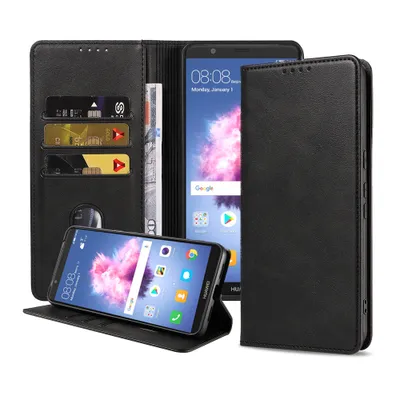 Immagine prodotto di Smartphonica Custodia per telefono adatta a Huawei P Smart (2018) Custodia in ecopelle con chiusura magnetica e portacarte Custodia a libro con patta - Nero