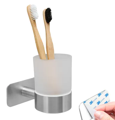 Immagine prodotto di bremermann serie bagno PIAZZA TAPE - Bicchiere per spazzolini da denti senza foratura - con cuscinetto adesivo, in vetro e acciaio inox satinato