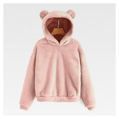 Produktbild von Damen Kapuzenpullover mit Bärenohren aus Teddyfleece, flauschig und warm, einfarbig, oversize, Plüschpullover für Herbst und Winter