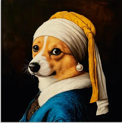 Produktbild von ARTland Glasbild Der Corgi mit dem Perlenohrring Größe: 50x50 cm