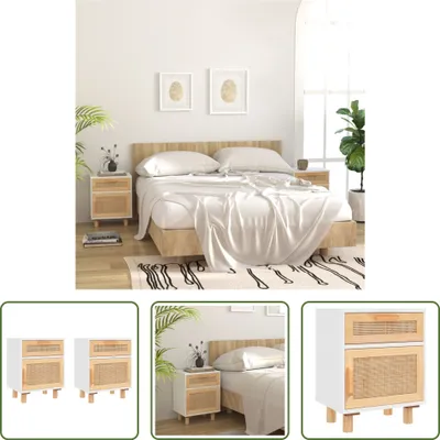 Immagine prodotto di The Living Store Comodini 2 pezzi. Pino massiccio bianco e rattan naturale