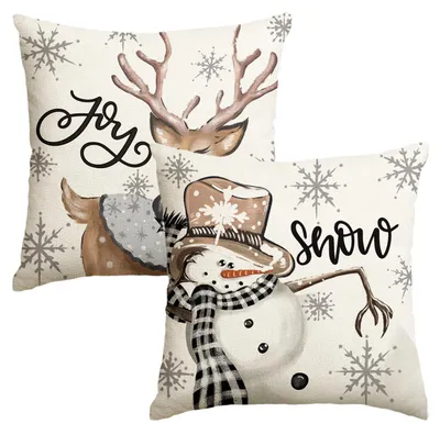 Produktbild von Kissenbezüge 2er Set 45x45 cm Weihnachten Schneemann Rentier Beige Polyester