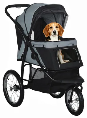 Productafbeelding van Hondenbuggy, opvouwbaar, zonnescherm, gaasvenster, opbergmand, grijs, 111 x 58 x 107 cm