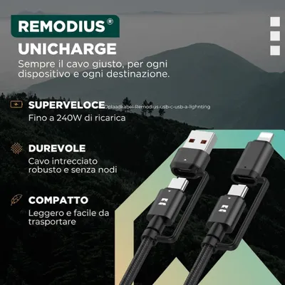 Immagine prodotto di Remodius UniCharge – Cavo di ricarica universale 4-in-1, lunghezza 1,2 m, con connettori USB-C, USB-A e Lightning, per ricarica rapida