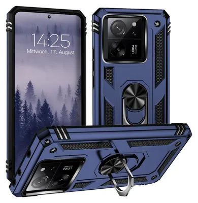 A product shot of a blue phone case with a ring holder, shown from multiple angles.