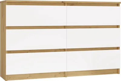 A front view of a dresser with six drawers, split into two columns of three drawers each. The drawer fronts are white, and the frame is a light wood color.