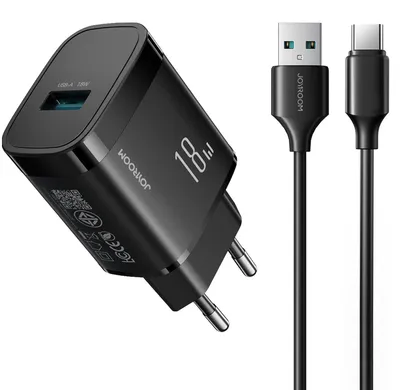 Produktbild von Joyroom JR-TF4 Ladegerät 18W USB-A Netzteil Schnellladegerät PD QC 3.0 Handy Ladegerät schwarz für iPhone & Samsung Smartphone Ladeadapter inkl. USB Typ C Ladekabel