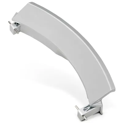 A silver appliance door handle is shown against a white background.