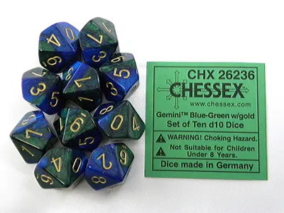 Obrázok produktu pre Chessex Gemini modro-zeleno-zlatá sada kociek D10 10 kusov