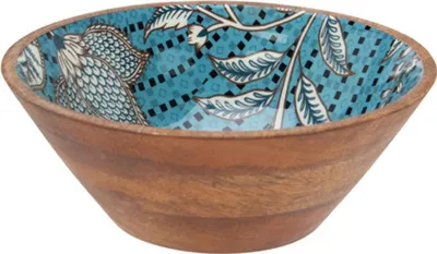 Image de Excellent Houseware | Coupe - Coupe à fruits - 20 cm - Bois de manguier - Marron et bleu - Coupe décorative - avec motif floral
