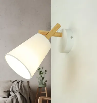 Produktbild von Wandlampe Modern Skandinavisch "Vaio" Holz Stoff Holz Weiß E27 Wohnzimmerleuchte Schlafzimmer Flur