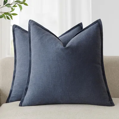 Zdjęcie produktu dla Zestaw 2 poszewek na poduszki, kolor granatowy, 40x40 cm, mieszanka lnu z dekoracyjną oblamówką