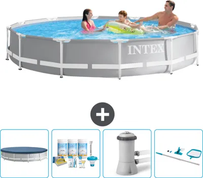 Produktbild von Intex Pool mit rundem Prismenrahmen – 366 x 76 cm – Grau – im Lieferumfang enthalten Abdeckung - Wartungspaket - Filterpumpe für Schwimmbad - Reinigungskit