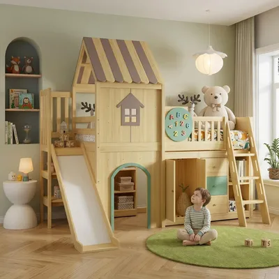 Produktbild von Hochbett 90x200 cm mit Rutsche & Kleiderschrank Kinderbett Hausbett aus Kiefernholz und MDF Etagenbett Spielbett mit Treppe & Stauraum Natur Grün优化后的德语五点描述 (HTML 代码块)