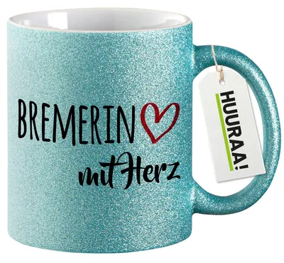 Produktbild von Huuraa Glitzertasse Bremerin mit Herz 330ml Blau Keramik Kaffeebecher Geschenkidee