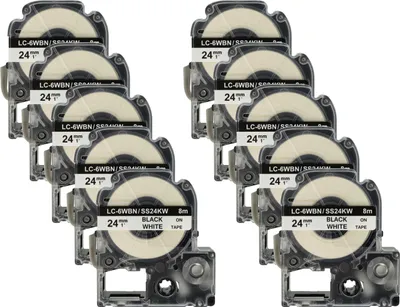 Produktbild von vhbw 10x Schriftband-Kassette kompatibel mit KingJim SR530, SR550, SR3900C, SR530C, SR3900P, SR40 Etiketten-Drucker 8m x 24mm Schwarz auf Weiß
