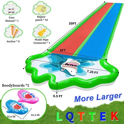 Produktbild von 20FT Doppel Wasserbahn, 2 Boogieboards, aufblasbar, PVC, mit Crash-Pad & Heringen – für Kinder & Erwachsene, Garten