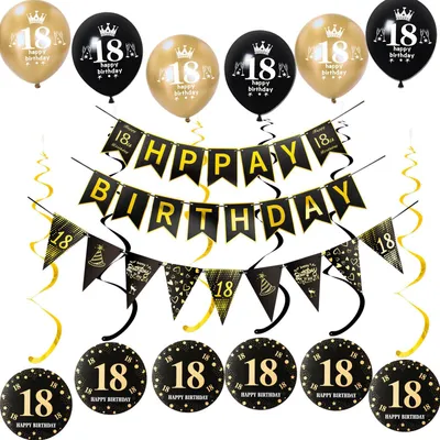 18. Geburtstagsdekoration, schwarz-gold, Banner, Luftballons, Wimpelkette