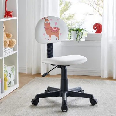 Produktbild von Drehstuhl ALPACA für Kinder Kunstleder in weiß, Kinderschreibtischstuhl höhenverstellbar ergonomisch mit Lama Motiv, Scchreibtischstuhl auf Rollen