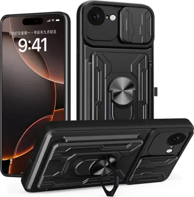 Produktbild von iPhone 16e / 17e Hülle - Coverup Armor Ring Ständer Back Cover mit Kamera Schutz - Schwarz