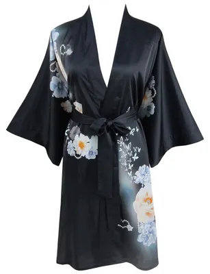 Produktbild von Ledamon Damen Kimono Kurz Robe Bademantel Nachthemd (Schwarz)