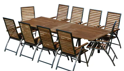 Produktbild von ALEOS. Gartengarnitur Edelstahl A-Grade Teak Set: Ausziehtisch 200 auf 240 auf 280 cm x 100 cm + 10 Teak-Edelstahl klappbare Hochlehner, Sitzgruppe - Premium Gartenmöbel 10 Personen wetterfest Nassau