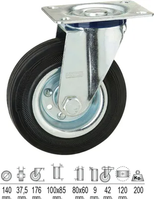 Obrázok produktu pre Čierne, priemyselné gumové kolieska so 140 mm doskou.