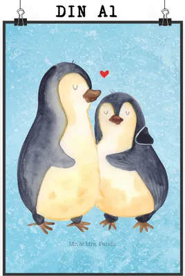 Produktbild von Mr. & Mrs. Panda Bild Pinguin umarmen DIN A1 - Eisblau - Geschenk, Wanddekoration, Hochzeitsgeschenk, drucke, Umarmung Verliebt, Plakat, Liebe, Wandbild, Verknallt, Paar