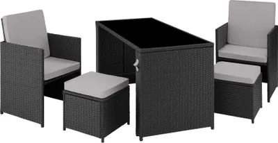 A set of outdoor furniture including two chairs, two ottomans, and a table, arranged on a white background.
