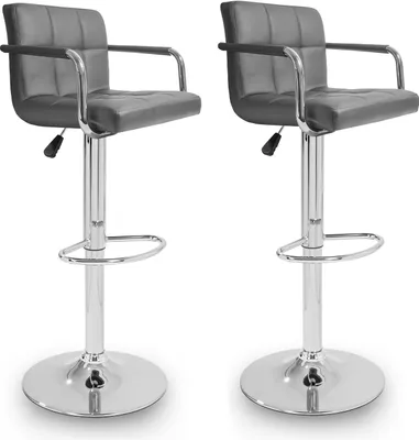 Two gray bar stools with silver bases and armrests are shown against a white background.
