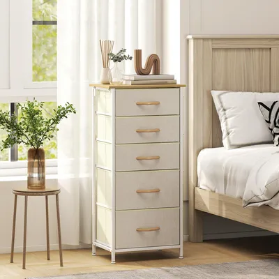 Immagine prodotto di Comodino in tessuto con 5 cassetti e scomparti laterali | Colore: Beige | Dimensioni: 45x30x94,5 cm
