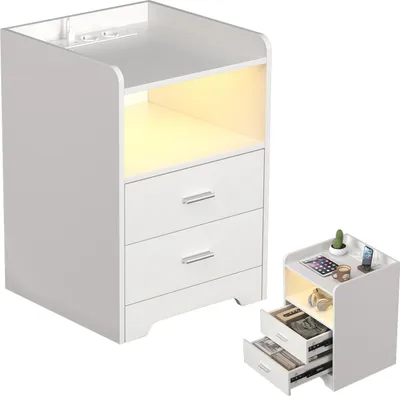 Produktbild von Izrielar Nachttisch Sofatisch mit LED-Beleuchtung, Nachtschrank mit Ladestation Weiß(1-St), 2 Schubladen für Schlafzimmer, Wohnzimmer Weiß