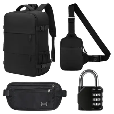Immagine prodotto di Set di sicurezza da viaggio ProximaX: zaino + marsupio + borsa da cintura con protezione RFID + lucchetto a combinazione – Set multifunzionale impermeabile per i viaggi e la vita quotidiana