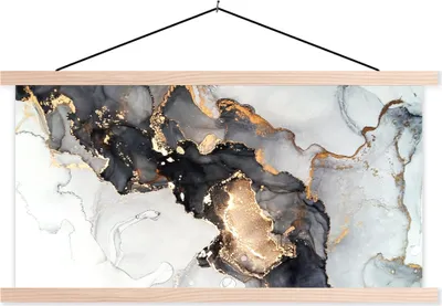 Produktbild von MuchoWow® Textilposter Marmor - Schwarz - Weiß - Gold - Luxus - Abstrakt 60x30 cm mit holzfarbenen Rahmen - Dekoration