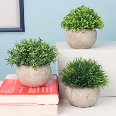 Imagen del producto de Juego de 3 mini plantas artificiales, césped verde falso en maceta, set de plantas simuladas para decoración del hogar, cocina, jardín, oficina, bodas, fiestas, habitaciones. Ideal como regalo