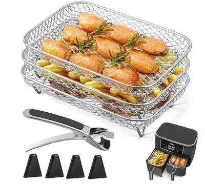Produktbild von Edelstahl-Zubehör für Heißluftfritteusen, punktgeschweißt, feinmaschiges Gitter, Ölablaufdesign, hitzebeständig, langlebig & leicht zu reinigen