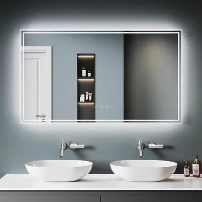Obrázek produktu pro Koupelnové zrcadlo s LED osvětlením, Bluetooth a hodinami, 120 × 70 cm, s funkcí proti zamlžování
