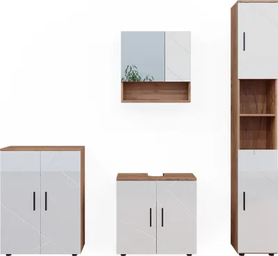 Produktbild von Badmöbel-Set Vicco Irma Weiß Hochglanz/Goldkraft Eiche 4 Teile, mit Hochschrank und Kommode, Model 40537